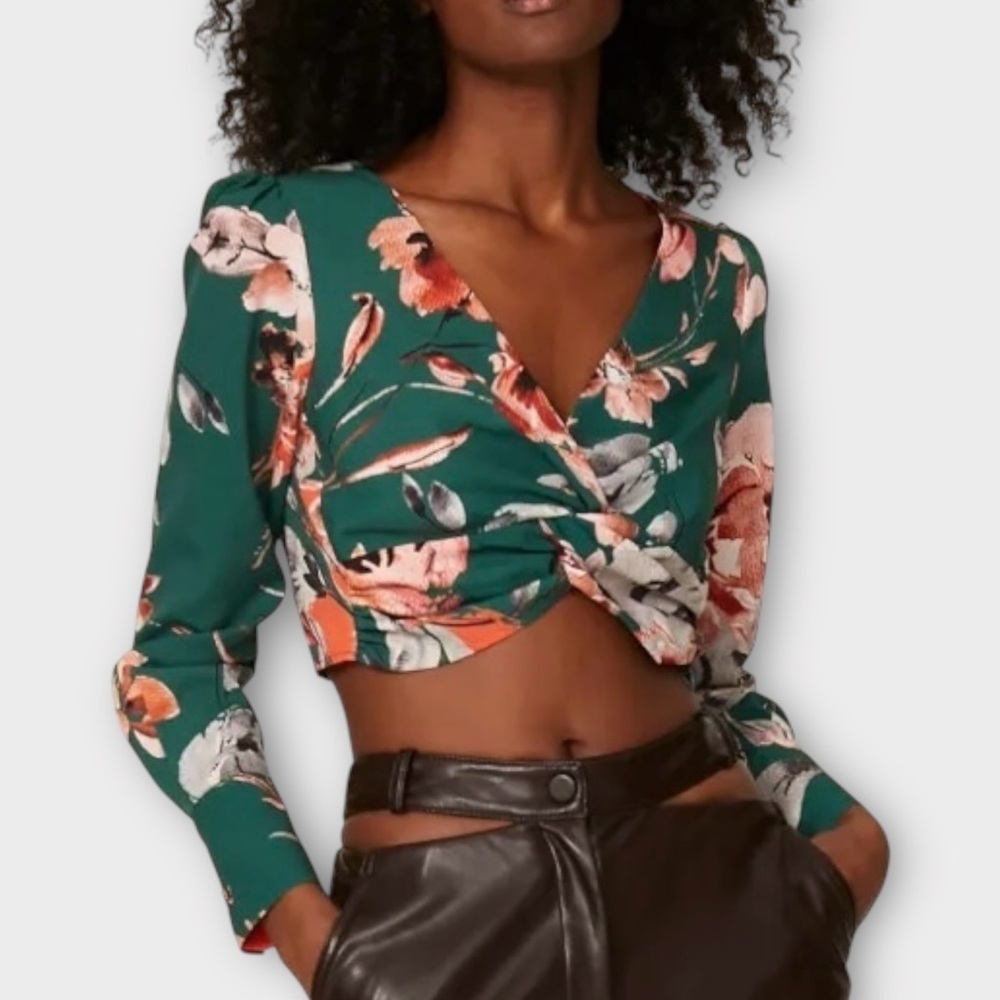 Marissa Webb Twist Front Cropped Top in Green Floral Print Women’s Size 0